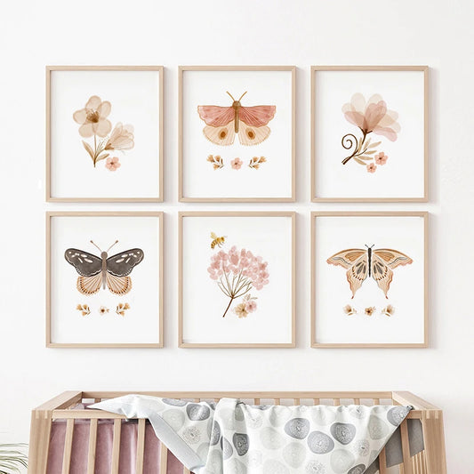 Affiche sur toile avec fleurs et papillons à l'aquarelle