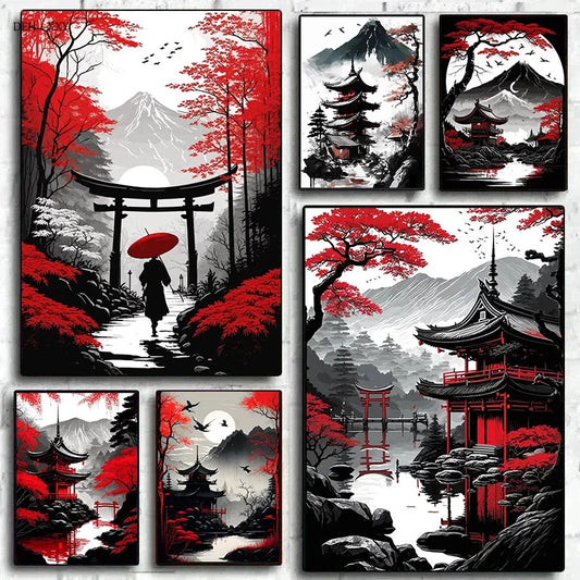 Affiche japonaise sur toile rouge et noire